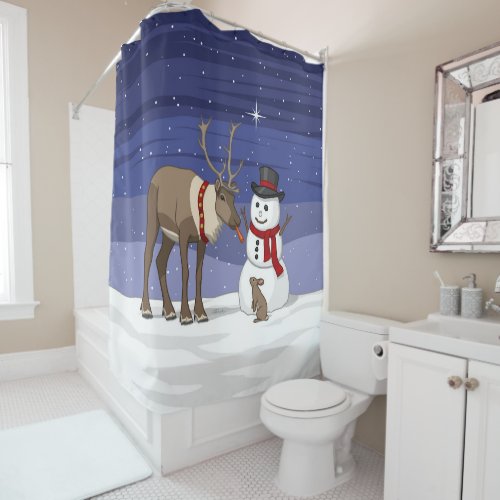 Happy Christmas Snowman  Cute Reindeer Shower Cur Shower Curtain