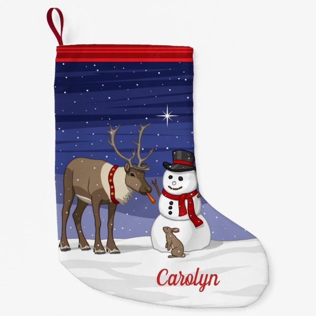 Happy Christmas Snowman & Cute Reindeer Small Christmas Stocking (Front)