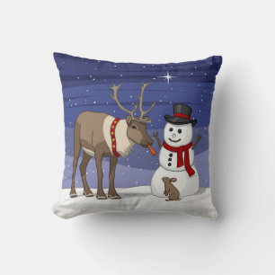 Happy Christmas Snowman & Cute Reindeer Throw Pillow