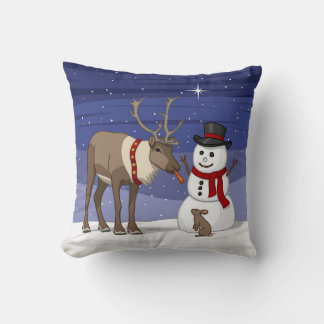 Happy Christmas Snowman & Cute Reindeer Throw Pillow