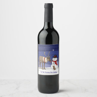 Happy Christmas Snowman & Cute Reindeer Wine Label