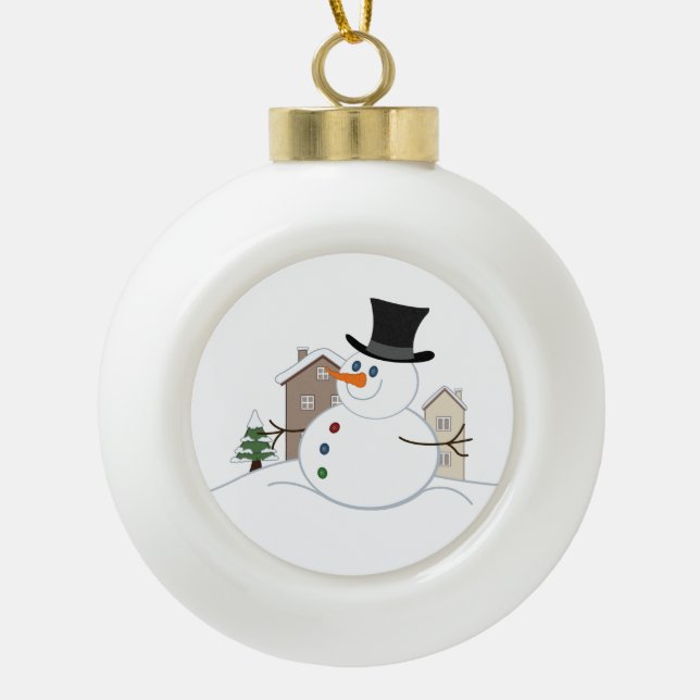 Happy Christmas Snowman Illustration Ceramic Ball Christmas Ornament (Front)