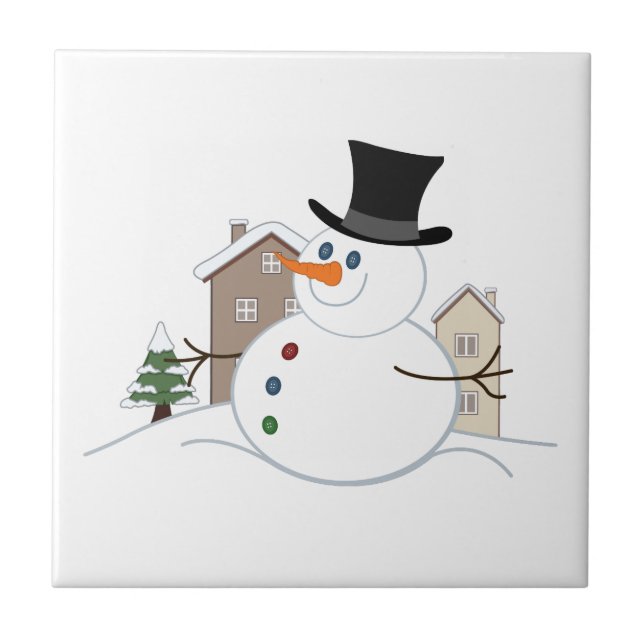 Happy Christmas Snowman Illustration Ceramic Tile (Front)