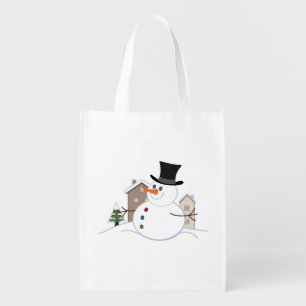 Happy Christmas Snowman Illustration Grocery Bag
