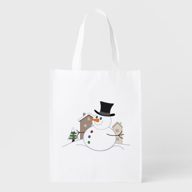 Happy Christmas Snowman Illustration Grocery Bag (Front)