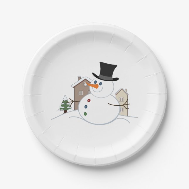 Happy Christmas Snowman Illustration Paper Plates (Front)