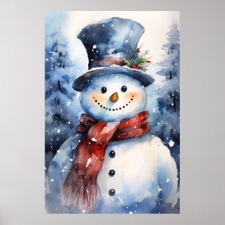 Happy Christmas Snowman With A Top Hat in the Snow Poster