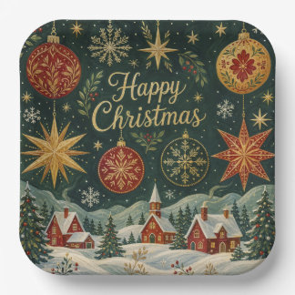Happy Christmas Snowy Village Red and Gold Folk Ar Paper Plates