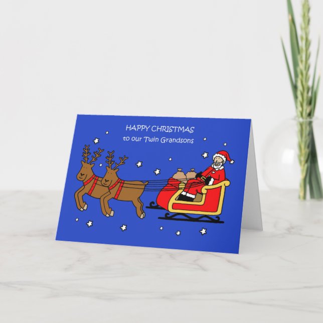 Happy Christmas to Twin Grandsons Santa and Sleigh Card (Front)