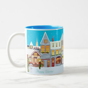 Happy Christmas Town & Snowman Two-Tone Coffee Mug