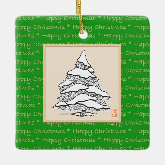 Happy Christmas Tree Square Ceramic Ornament (Front)