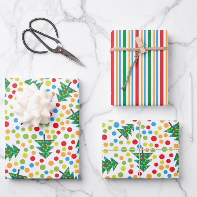 Happy Christmas Trees, Polka Dots, and Stripes Wrapping Paper Sheets (Front)