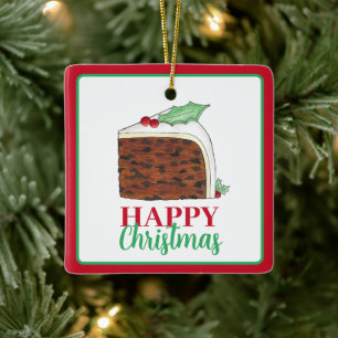 Happy Christmas UK British Cake Slice Homemade Ceramic Ornament