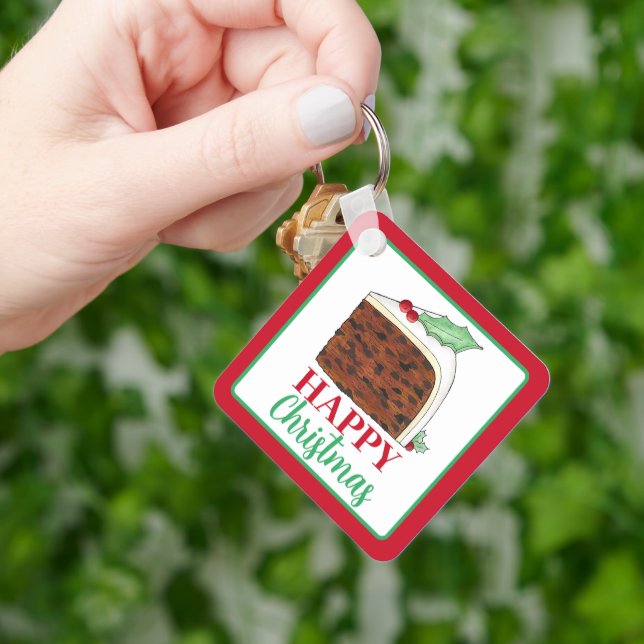 Happy Christmas UK British Cake Slice Homemade Keychain (Hand)