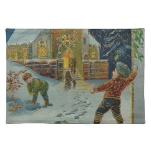 Happy Christmas - Vintage snowball fight postcard Cloth Placemat
