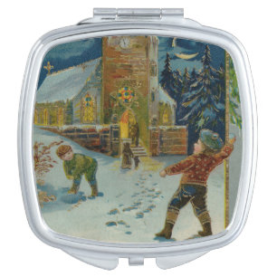 Happy Christmas - Vintage snowball fight postcard Compact Mirror