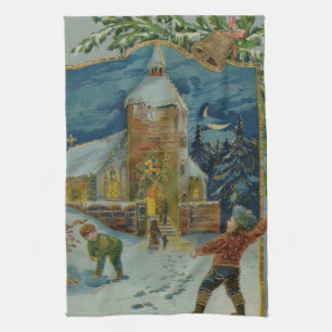 Happy Christmas - Vintage snowball fight postcard Kitchen Towel