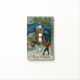 Happy Christmas - Vintage snowball fight postcard Light Switch Cover