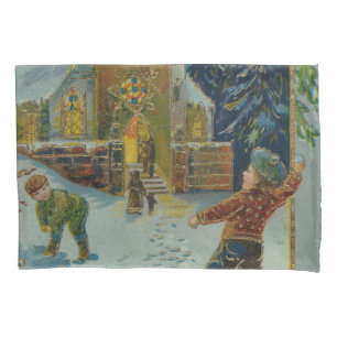 Happy Christmas - Vintage snowball fight postcard Pillow Case