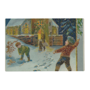 Happy Christmas - Vintage snowball fight postcard Placemat