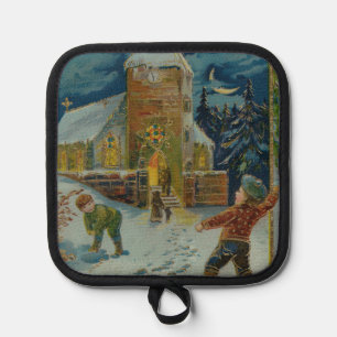 Happy Christmas - Vintage snowball fight postcard Pot Holder