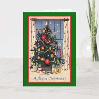 Happy Christmas Vintage Tree Home Scene Holiday Card