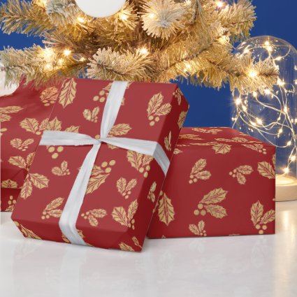 Happy Christmas Watercolor Gold Holly Leaves Red