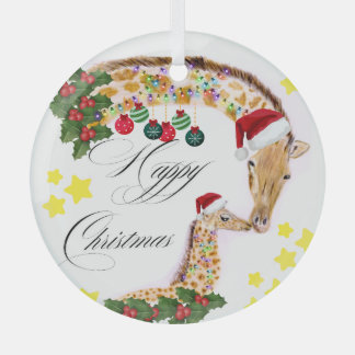 Happy Christmas With a loving family of Giraffes Glass Ornament