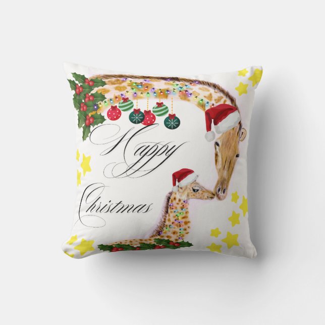 Happy Christmas With a loving family of Giraffes Throw Pillow (Front)