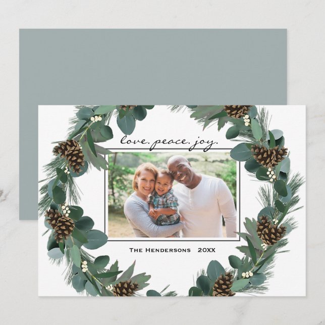 Happy Christmas Wreath Love Peace Joy Family Photo Holiday Card (Front/Back)