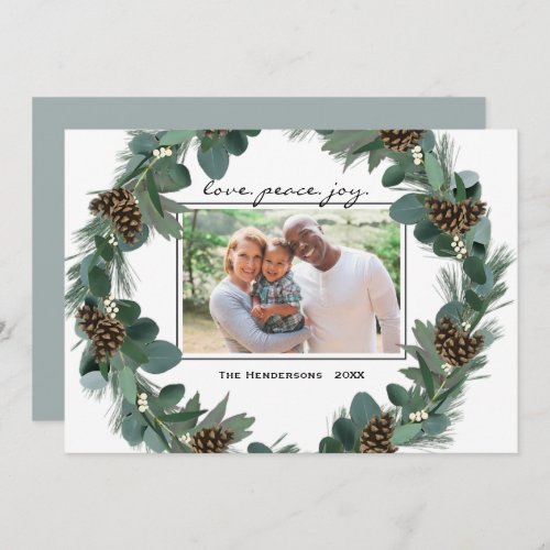 Happy Christmas Wreath Love Peace Joy Family Photo Holiday Card