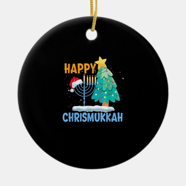 Happy Christmukkah Jewish Christmas Santa Hanukkah Ceramic Ornament (Front)