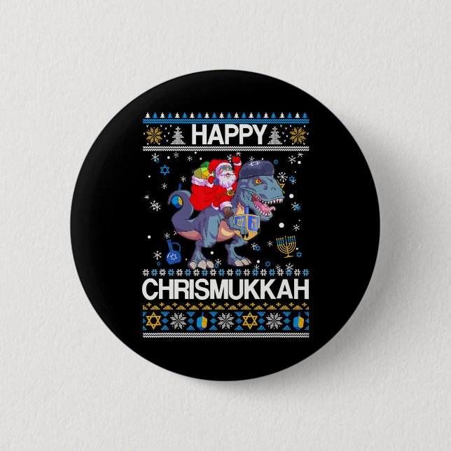 Happy Christmukkah Santa Riding Dinasour Happy Button (Front)