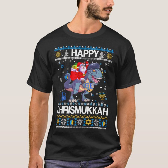 Happy Christmukkah Santa Riding Dinasour Happy T-Shirt (Front)