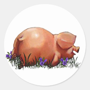 Happy  Chubby  Smiling Pig: Oil Pastel Art Classic Round Sticker by joyart at Zazzle