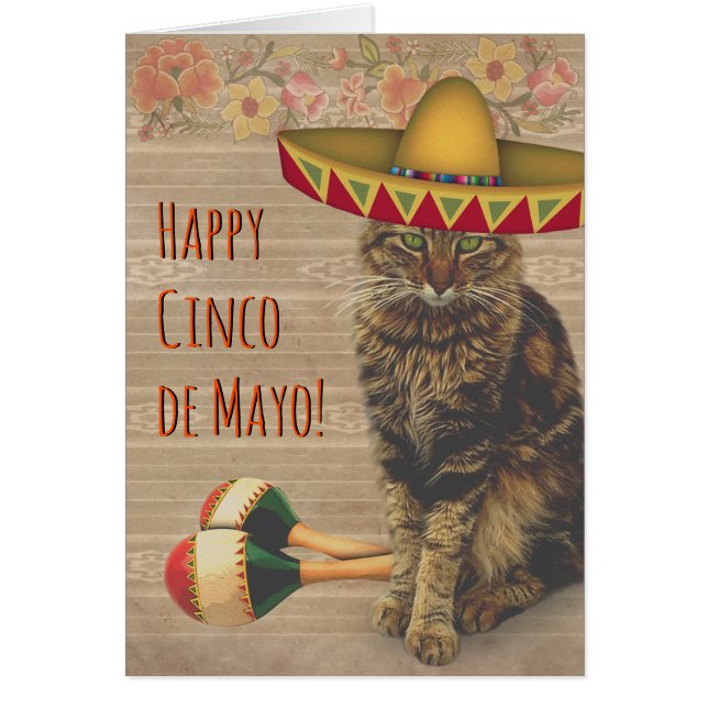 Happy Cinco de Mayo Cat with Mexican Hat Cards (Front)