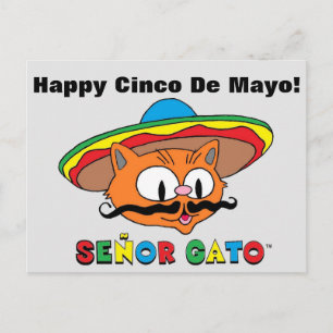 Happy Cinco De Mayo Colorful Cute Señor Gato Postcard