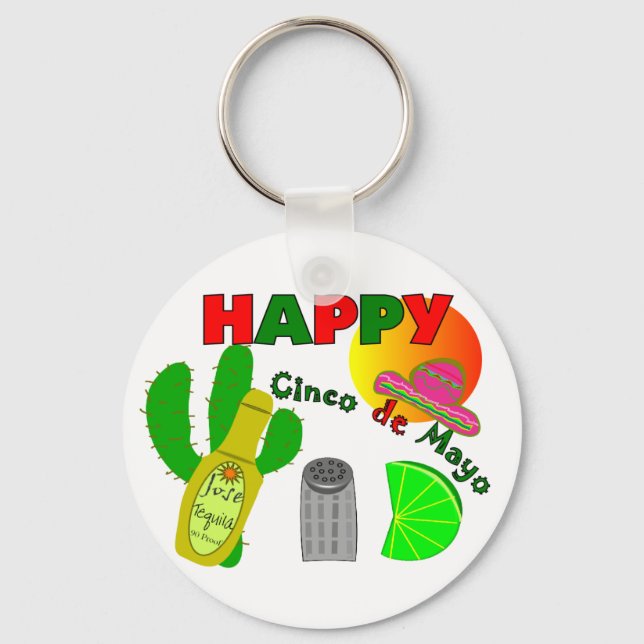 "Happy Cinco de Mayo" Lime, Tequila & Salt Design Keychain (Front)