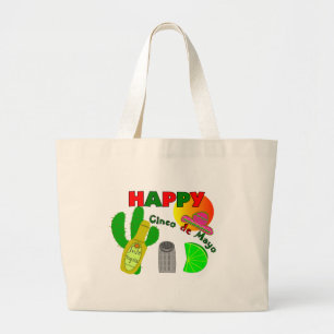 "Happy Cinco de Mayo" Lime, Tequila & Salt Design Large Tote Bag