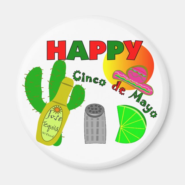 "Happy Cinco de Mayo" Lime, Tequila & Salt Design Magnet (Front)