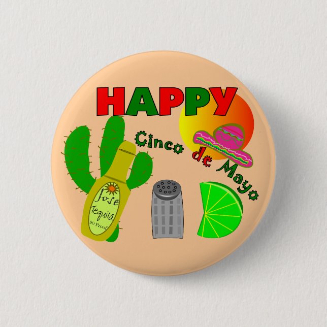 "Happy Cinco de Mayo" Lime, Tequila & Salt Design Pinback Button (Front)