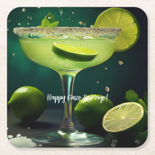 Happy Cinco de Mayo Margarita with Limes Custom Square Paper Coaster