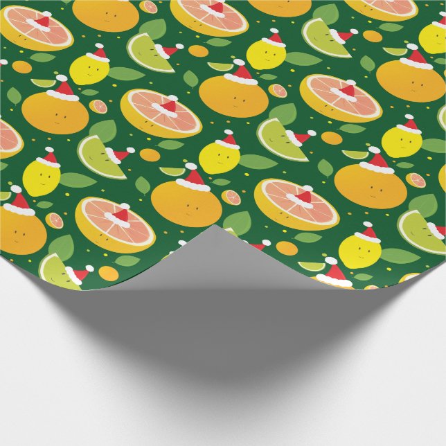 Happy Citrus Santa Hat Pattern Lemon Orange Lime Wrapping Paper (Corner)