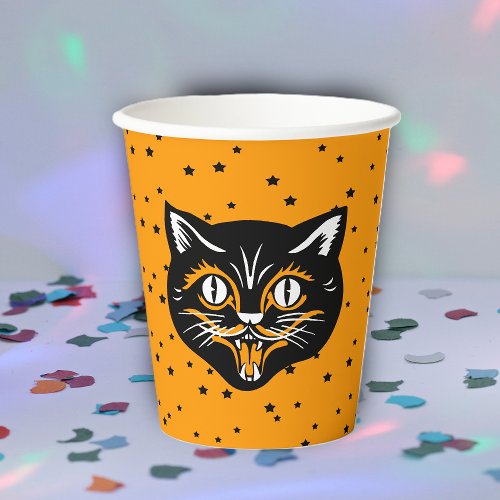 Happy Classic Halloween black Cat Face on Stars Paper Cups