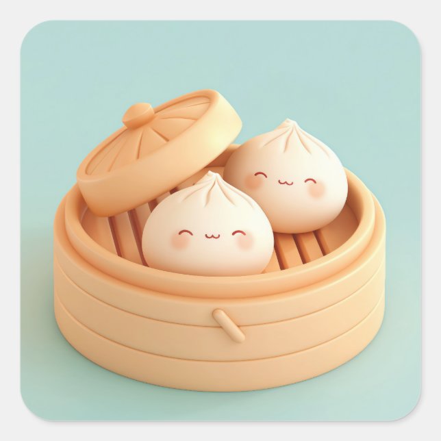 Happy Clay Steamed Dumplings in Bamboo Steamer Square Sticker (Front)