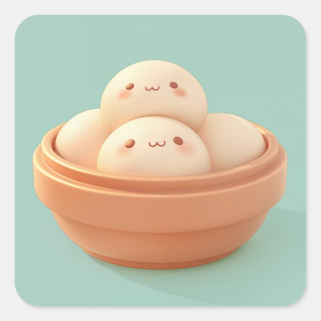 Happy Clay Steamed Dumplings in Bowl Square Sticker (Front)