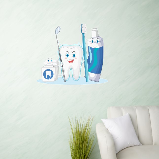 Happy Cleaning Molar Brush Dental Floss Dentist  Wall Decal (Living Room)