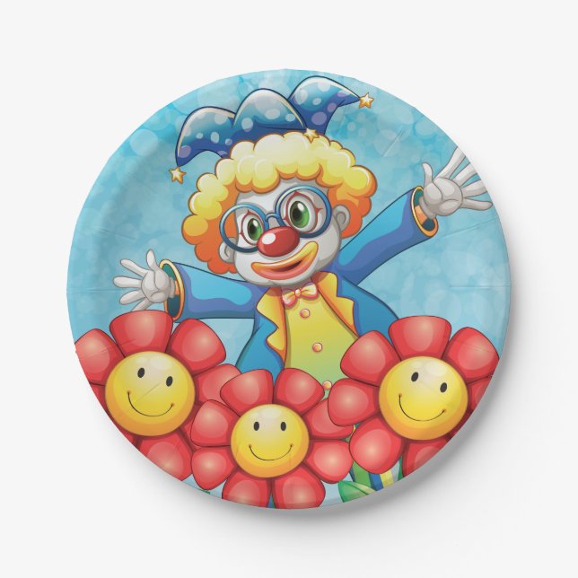 Happy Clown and Smiling Flowers Paper Plates (Front)