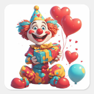 Happy Clown With Balloons And Gift 🎂 Square Sticker