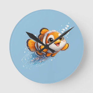 Happy Clownfish Tropical Sea Life Illustration Round Clock